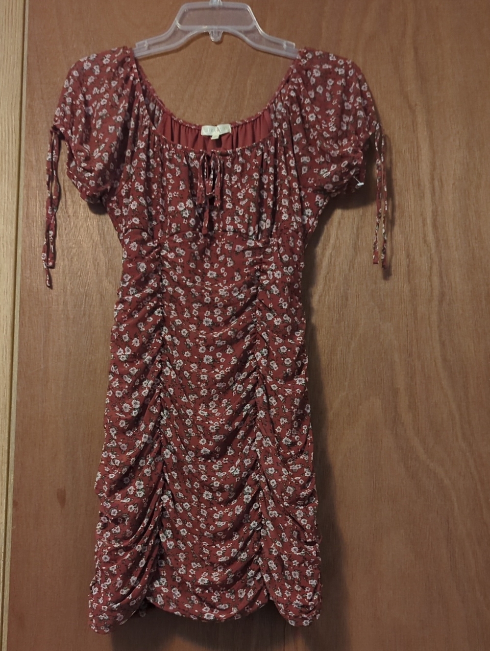 Ruched Floral Mini Dress in Rust - Puff Sleeve Tie Neck